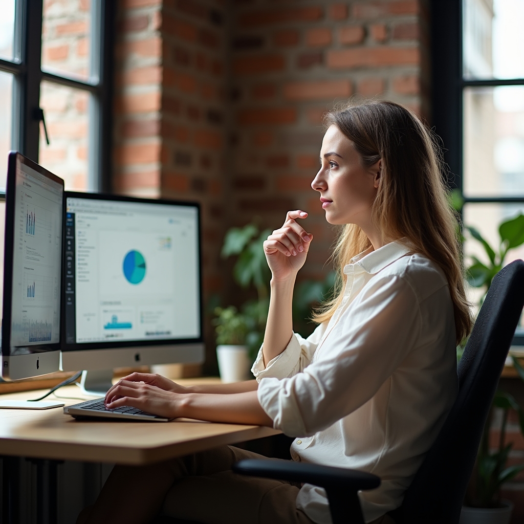 Content strategist, white woman in her late 20s, casual creative attire, sitting at a modern desk reviewing a website on dual monitors, thoughtful analytical expression