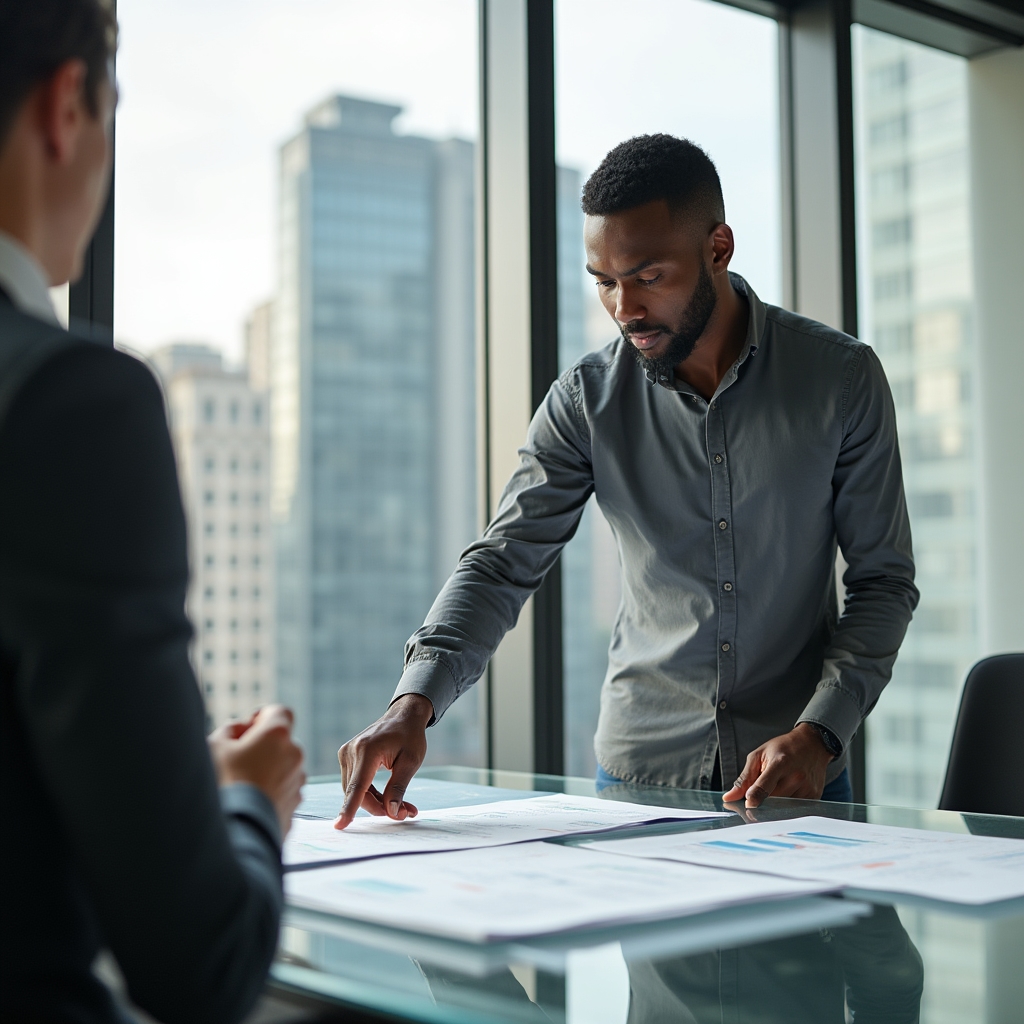 Marketing manager, Black man in his mid-30s, smart casual shirt, standing at a glass conference table reviewing printed reports with a developer colleague, engaged collaborative posture